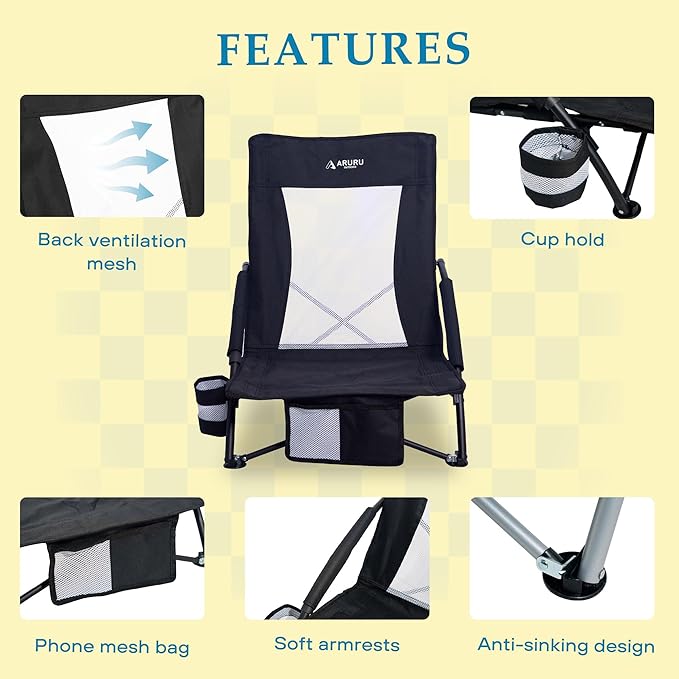 Low Folding Beach Chairs for Adults Portable Lightweight Sling Beach Camping Chair with Cup HolderArmrestFoldable Camp Lawn Chair for Outdoor Sand Concert Travel Sport Events