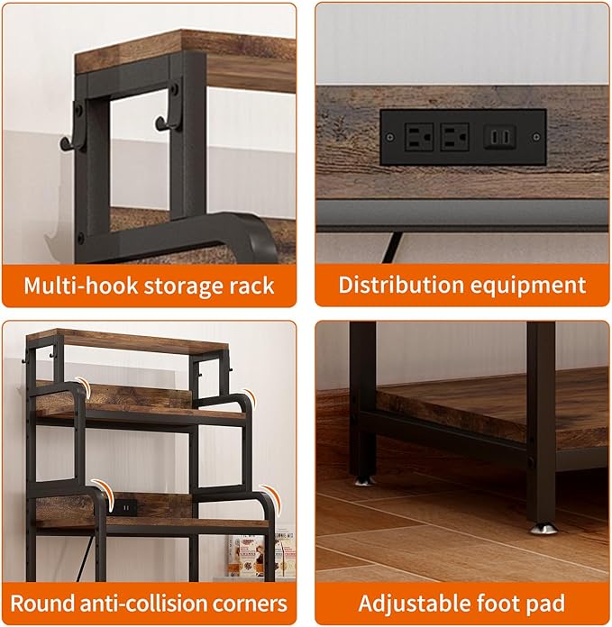 Vintage 4-Tier Storage Cabinet for Mini Fridge Microwave Stand Bakers Rack with Adjustable Shelves Heavy Duty MDF Metal Frame for Kitchen Office Dorm