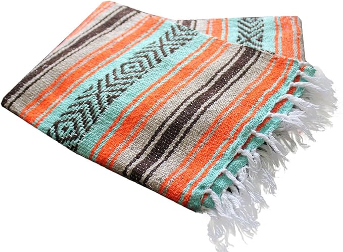 Del Mex Classic Mexican Blanket Large Authentic Woven Falsa Throw (70x50) Artisan Southwest Décor for Beach Yoga Outdoors (Mint/Tan/Orange)
