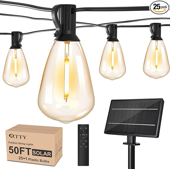 RTTY Solar String Lights Outdoor Waterpoof 50ft with 25pcs Dimmable Shatterproof ST38 Vintage BulbRemote Solar Powered BistroCafe &amp Patio Lights