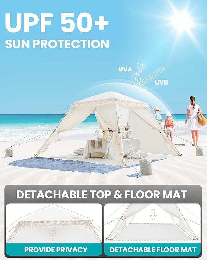 OutdoorMaster Pop Up Beach Tent with Fringe for 4 Person Easy Setup and Portable Beach Shade Sun Shelter Canopy with UPF 50+ UV Protection 11MM Thick Pole