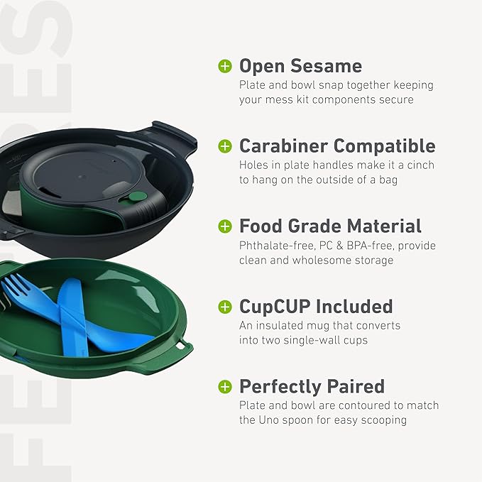 humangear GoKit+ Deluxe - 8-Tool Personal Mess Kit Lightweight Camping Dish Set Backpacking Utensils Dual-Mode Insulated Cup Snap-Together Bowl &amp Plate System with Knife &amp cupCUP