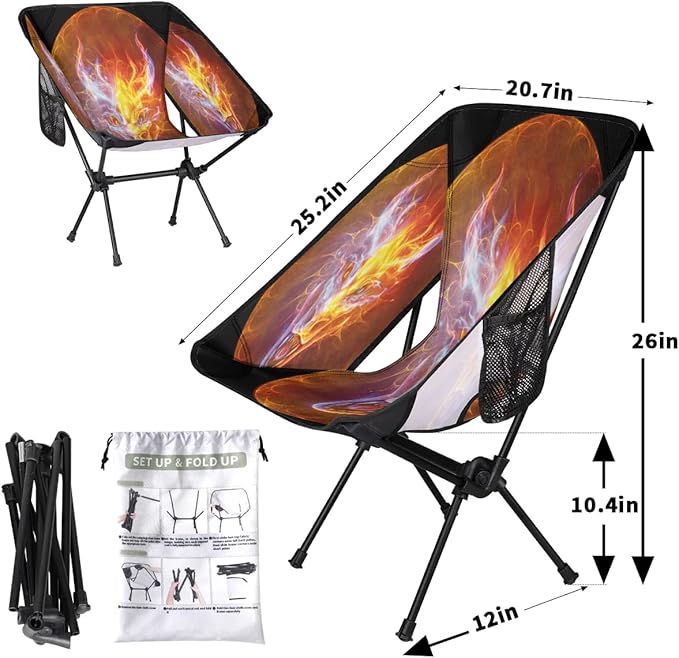 Dragon Fire Camping Chairs for Adults Ultralight Folding Chairs Outside Portable Camp Backpacking Chair with Side Pocket Storage Bag Compact Beach Chairs for Hiking Fishing