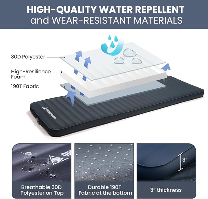 ONETIGRIS Dreamstar Single Air Mattress Self-Inflating Sleeping Pad Foam for Camping Backpacking Car Trips Travels Air Bed with Patch-up Kit