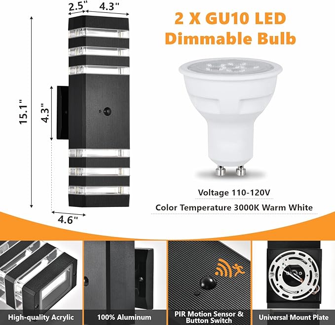 DASTOR Motion Sensor Outdoor Wall Lights 2 Pack Dusk to Dawn Outdoor Lighting 3-Layer Exterior Porch Light Fixtures Up and Down Outside Lights for House Garage