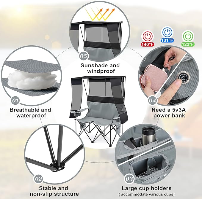 Double Camping Chair with Canopy Shade 660lbs Folding Beach Loveseat with Padded Seat and Cup Holders 4-Zone Heated Outdoor Chair for Beach Camp Use 5v/3a Power Bank(Black and Grey)