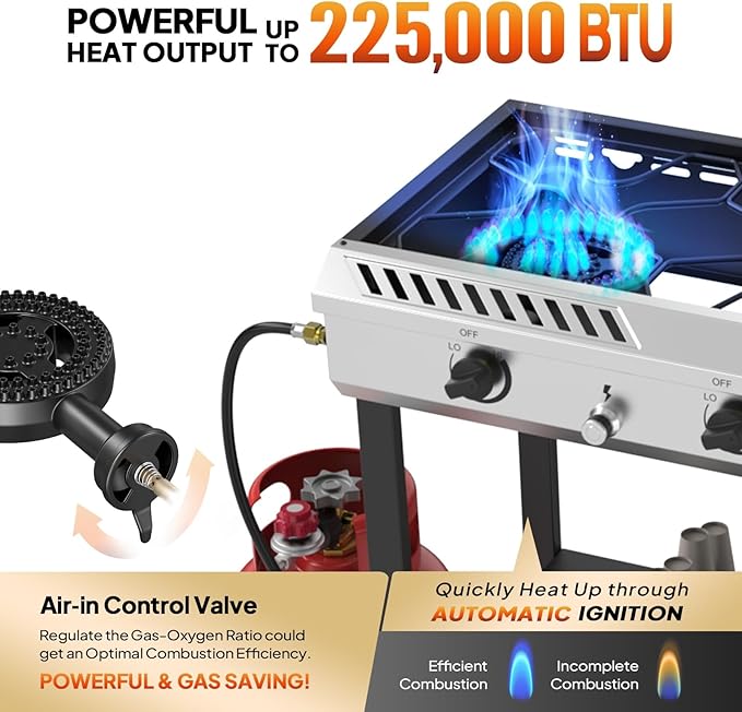Bonnlo 3 Burner Propane Stove with Inginition 225000BTU Gas Stove with Storage Shelf and Portable Rolling Wheels Gas Burner for Outdoor Camping Patio Backyard Cooking Boiling Frying Stewing