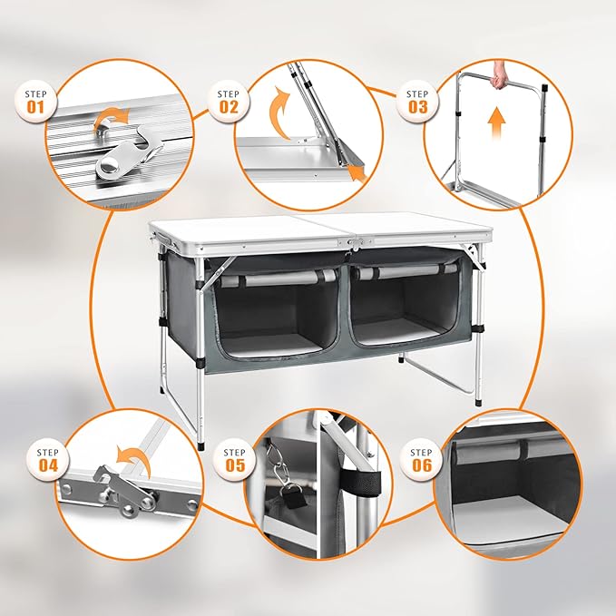 CampLand Outdoor Folding Table Aluminum Lightweight Height Adjustable with Storage Organizer for BBQ Party Camping