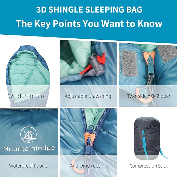 Mountainlodge 3-4 Seasons Cyan Two-Layer Shingle Sleeping Bag with Inner Pocket for AdultPerfect for BackpackingTraveling and HikingIncluding Free Compression Stuff Sack