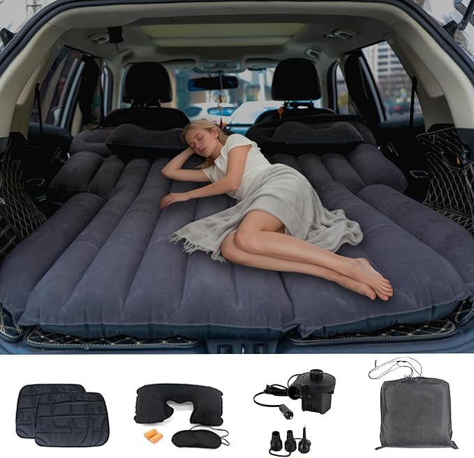 Inflatable SUV Air MattressThickened Flocking Car Travel Camping Bed with 2 Pillows &amp Air PumpPortable Car Sleeping Mattress for SUV Trunk and Rear