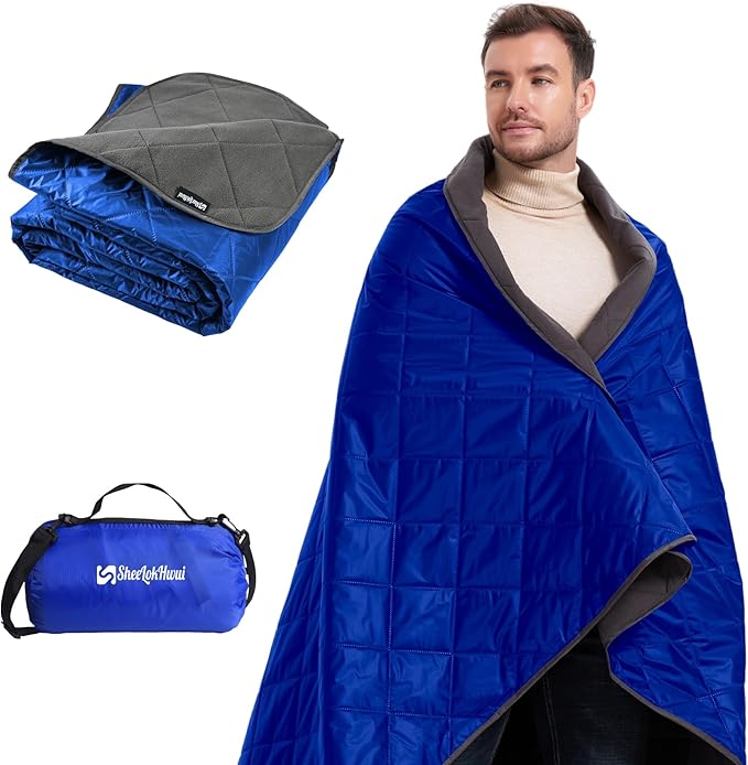 4-in-1 Large Outdoor Blanket - Waterproof &amp Windproof Thickened Warm Fleece Camping Blanket for Stadium Hiking Sporting Events - 81x57 Packable (Sapphire Blue)