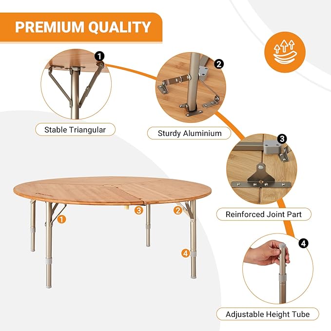 KingCamp Bamboo Round Folding Table Camping Table for Teepee Bell Tent 3 Fold Portable Camp Table with Heavy Duty Adjustable Height Aluminum Leg for Camping Picnic Indoor &amp Outdoor Card Game Dinni