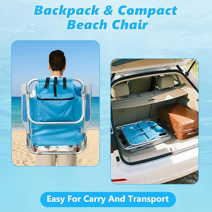 2 Pack Backpack Beach Chairs for Adults Heavy Duty Compact Portable Lay Flat Folding Chair with Backpack Straps and Pocket 5 Positions Aluminum Reclining Chair for Patio OutdoorSupport to 300LBS