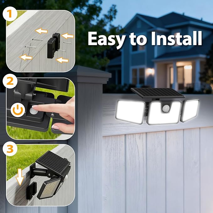 INCX Solar Motion Sensor Lights Outdoor 3 Heads Security Lights Solar Powered 156 LED Flood Light Motion Detected Spotlight for Patio Yard Garage Entryways IP65 Waterproof 4 Pack