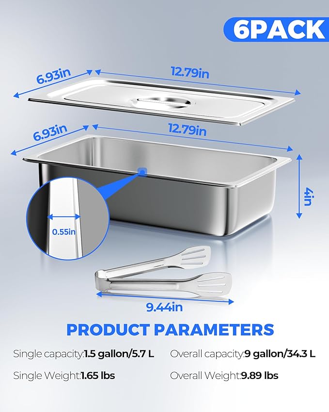 WantJoin Steam Table Hotel Pans with Lid 1/3 Third Size 4 Inch Deep 6 Pack Stainless Steel Metal Tray Sets Food Storage Container Commercial Restaurant Buffet Chafing Dishes Warmer Catering Supplies