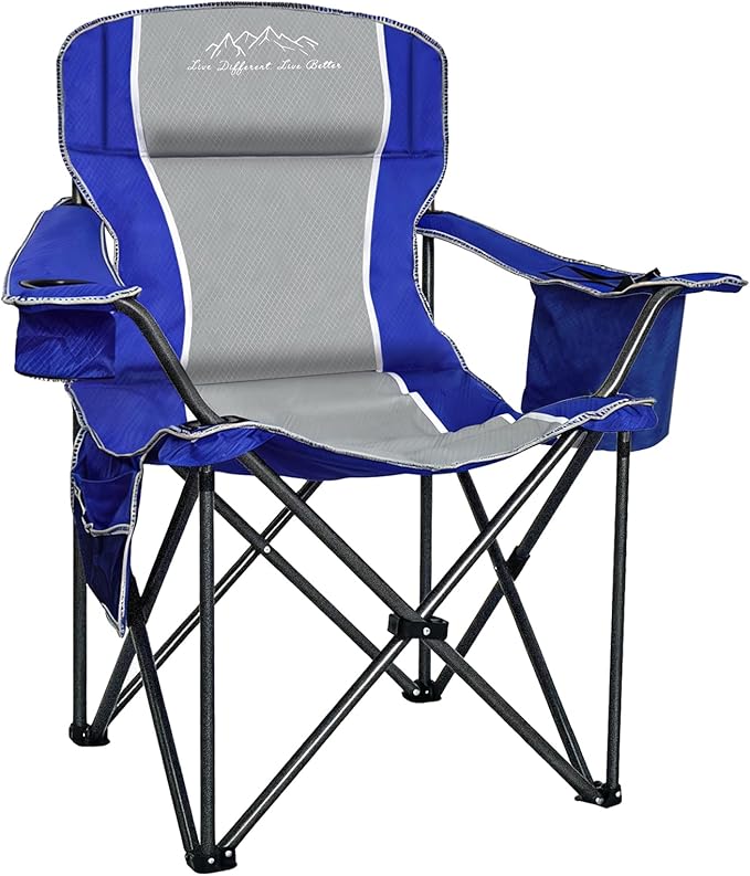 Folding Camping Chair Portable Outdoor Heavy Duty Padded Chairs Lawn Chair with Cup Holder Storage Pocket and Cooler Bag Supports 480LBS Blue
