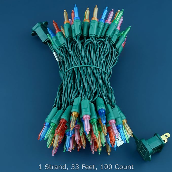 100 Multicolor One-Piece LED Christmas Lights 33 ft Green Cord High Waterproof UL Certified T5 Outdoor String Lights (Multicolor)