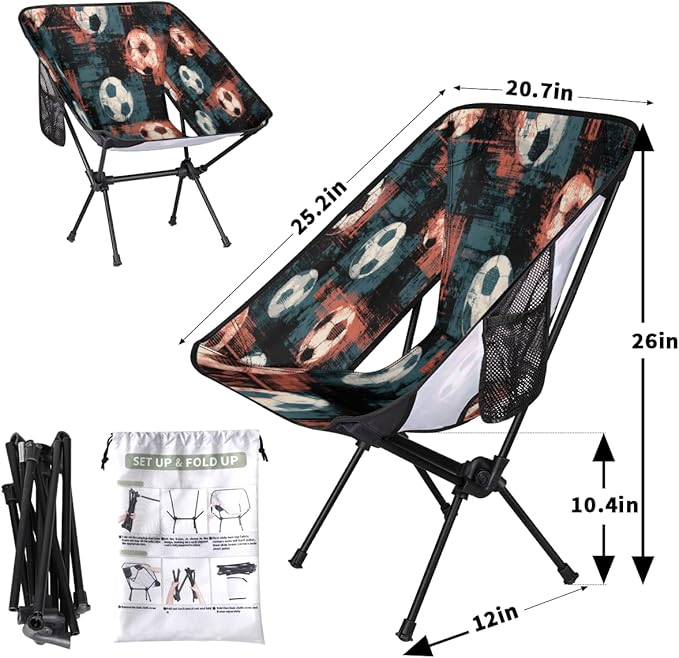 Vintage Soccer Footabll Camping Chair Folding Backpacking Chair Portable Lightweight Outdoor Chairs with Side Pockets for Hiking Beach Picnic