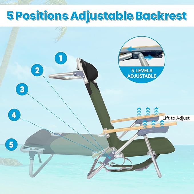2 Pack Low Backpack Beach Chair with Folding Bamboo Table for Adults 5-Position Lay Flat Reclining Chair Lightweight with Cooler Bag Supports 265 lbs