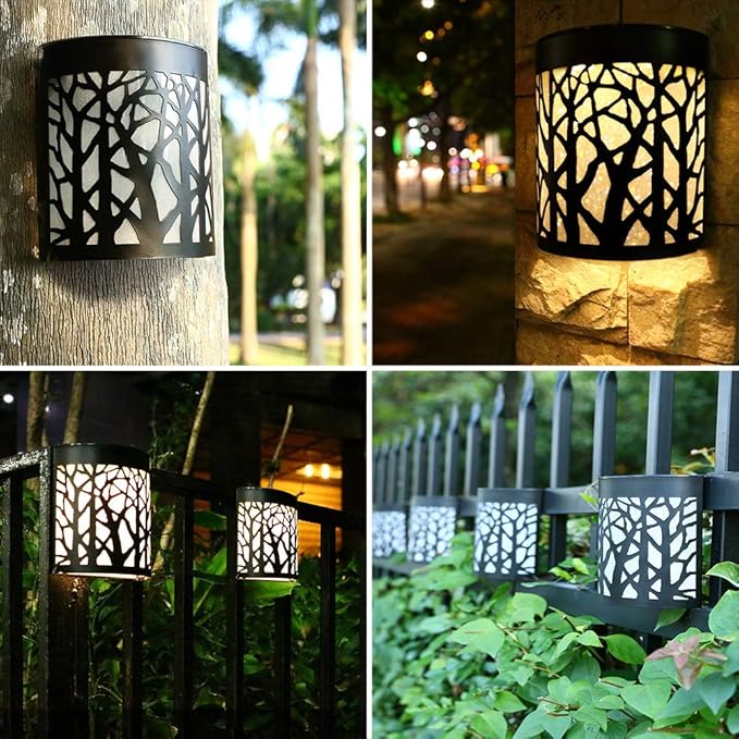 DenicMic Solar Wall Lights Outdoor Wall Sconce Fence Lighting for Patio Front Door Yard Deck Stair Led Forest Decorative Lamps Waterproof Warm White/Color Changing (2 Pack)