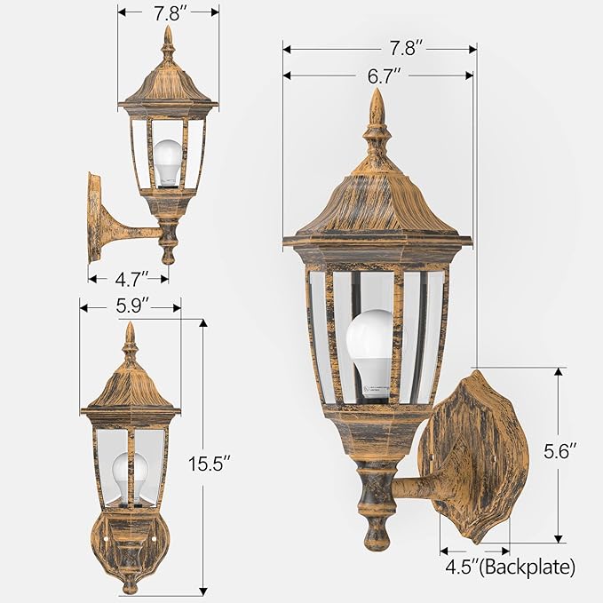 EMART Outdoor Porch Light Brushed Gold Anti-Corrosion Plastic Material Wall Mount Lantern for Backyard Garage Front Porch - 2 Pack