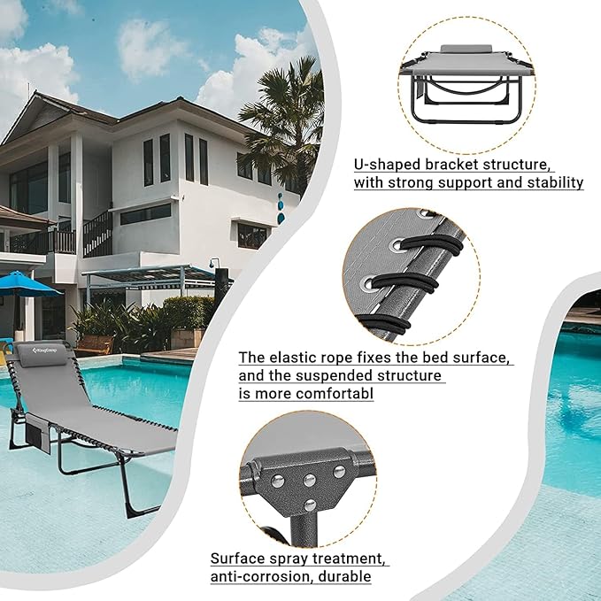 KingCamp Chaise Lounge Outdoor 5-Position Adjustable Patio Lounge ChairFolding Tanning Chair for LawnBeachPool and SunbathingPortable Heavy-Duty Camping Reclining Chair with Pillow (1 Grey)