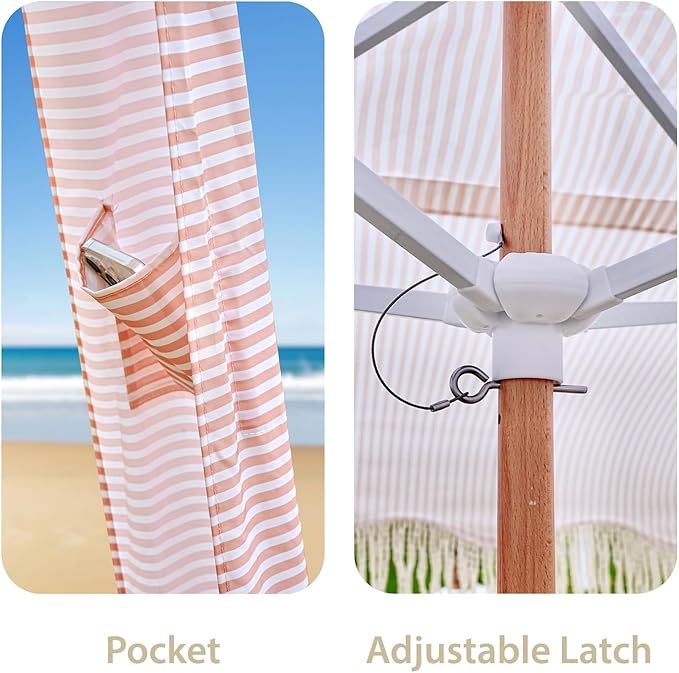 AMMSUN Beach Cabana with Fringe 6.5' x 6.5' Boho Beach Canopy with Tassels Easy Set up &amp Premium Wood Pole Cabana Tent with Sand Pockets Instant Sun Shade for Sand Garden Patio Pink Stripes