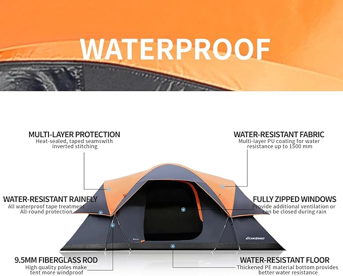 EchoSmile 10/12 Person Camping Tent Waterproof Windproof Tent with Rainfly Easy Set up for Outdoor Family Camping Party