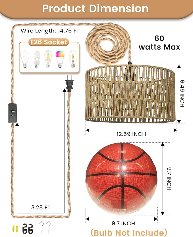 12.6 Inch Boho Hanging Light with Plug in Cord Rattan Hanging Lamp Hand Woven Rattan Wall Lightfor Bedroom Living Room Kitchen Nursery E26 Base IndoorWithout Bulb