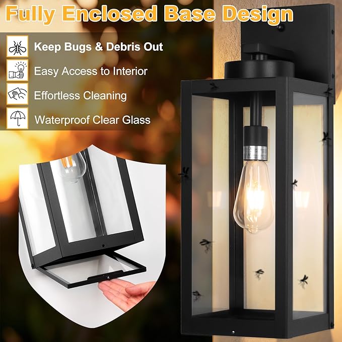 20 Large Dusk to Dawn Outdoor Wall Lantern with Closed Bottom - Black Outdoor Porch Lantern Wall Mounted Waterproof Modern Outside Wall Sconce Coach Lamp for House E26 2 Packs