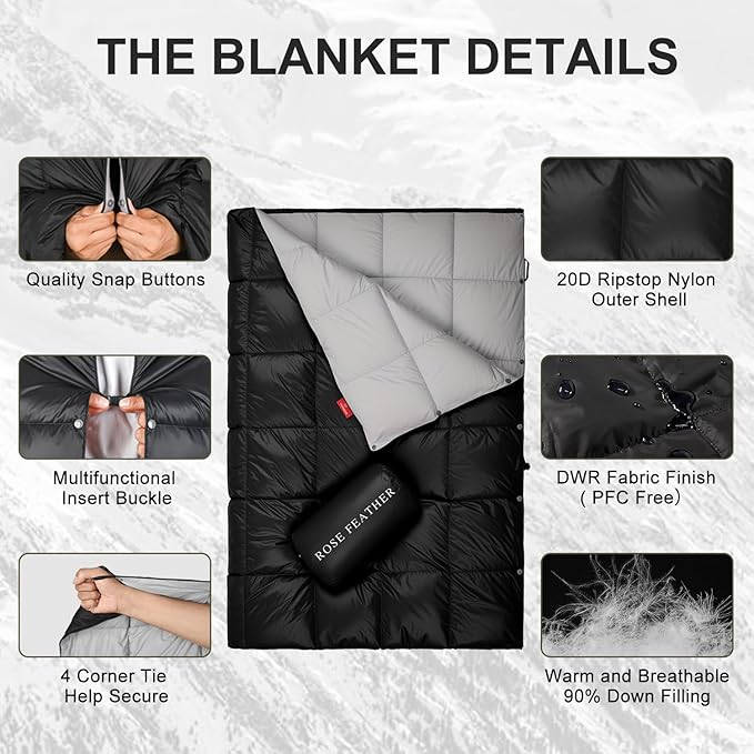 Down Camping Blanket - Lightweight Packable Warm &amp Puffy Outdoor Travel Quilt for Sleep Hiking Backpacking Stadium Festivals Water-Resistant Sleeping Bag 55x79