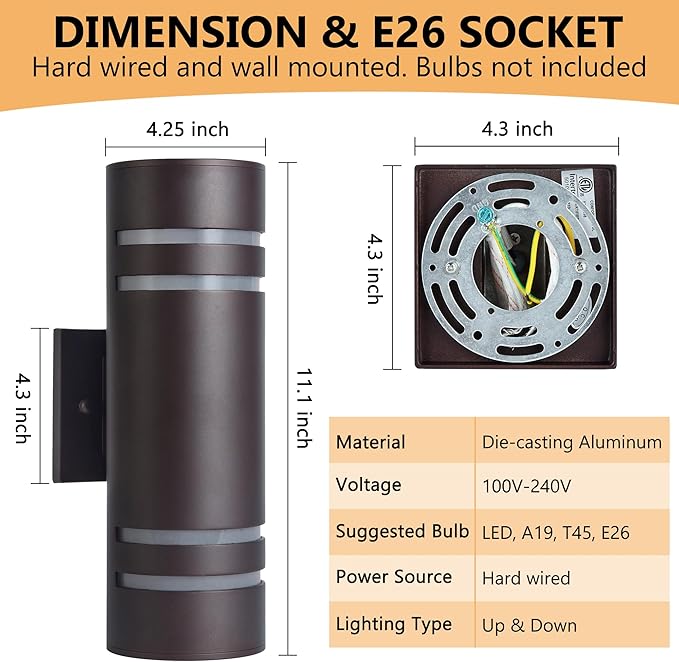 Housen Solutions Outdoor Wall Lights 2 Pack Modern Exterior Lighting Fixtures IP65 Waterproof Up Down Outside Lights for House Porch Bronze