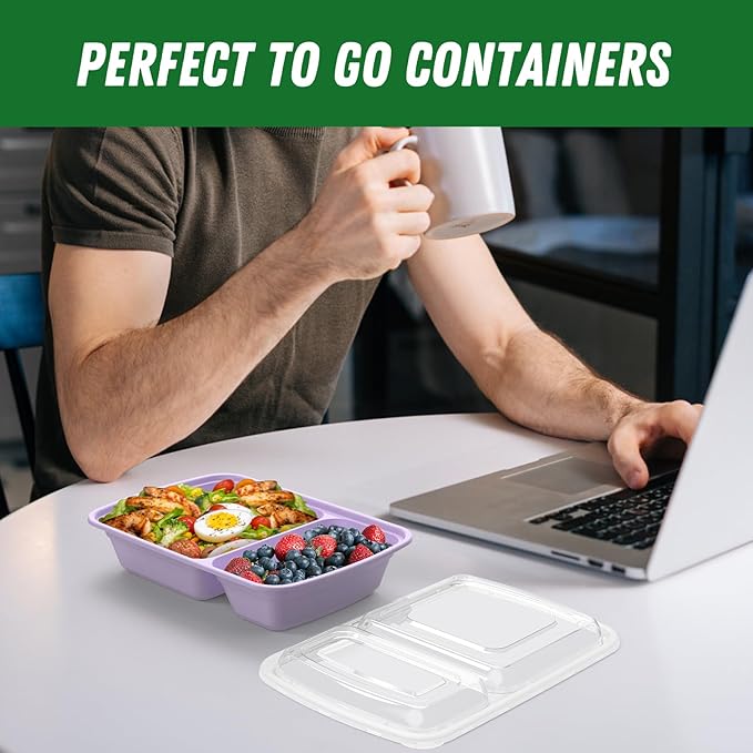 50 Pack (100-Piece) 28 oz Meal Prep Containers Reusable with Lids 2-Compartment Sturdy Leakproof Food Safe Microwave Freezer Dishwasher Safe To Go Take Out Plastic Food Storage Lilac