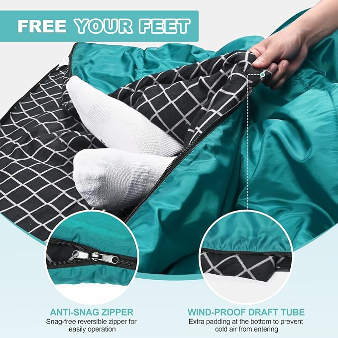 AGEMORE Cotton Flannel Double Sleeping Bag for Camping Backpacking Or Hiking. Queen Size 2 Person Waterproof Sleeping Bag for Adults Or Teens. Lightweight with Compression Sack