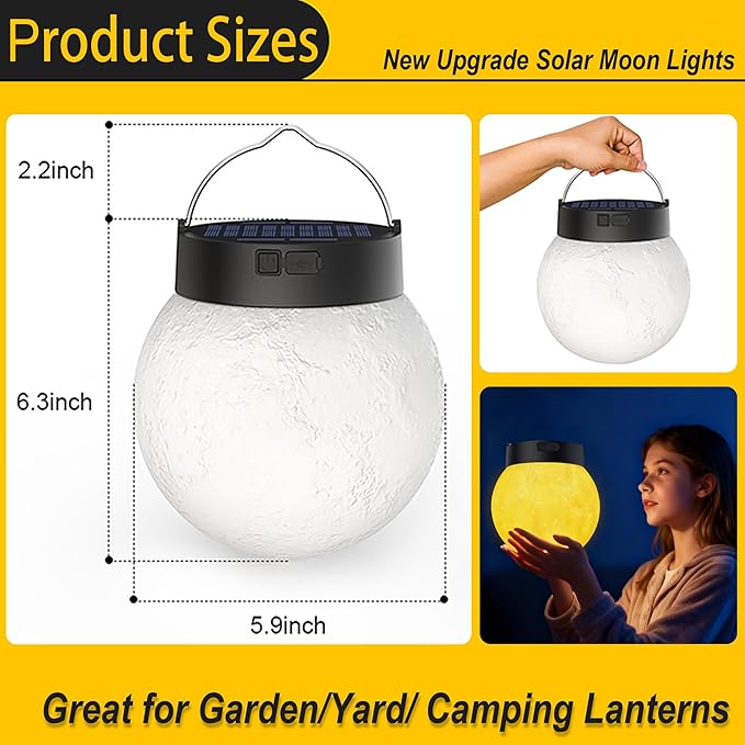 Solar Powered Garden Moon Lights 2 Pack 3D Moon Surface Printing Globe Light with Warm White LED LightsWaterproof Outdoor for LawnPatioYardCampingChristmas Lights Decor