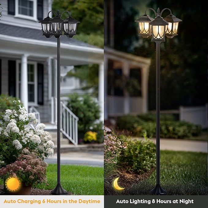 3-Head Solar Lamp Post Light 73 Solar Lights Outdoor Waterproof 60Lm 3000K Pathway Lights for Garden Lawn Yard