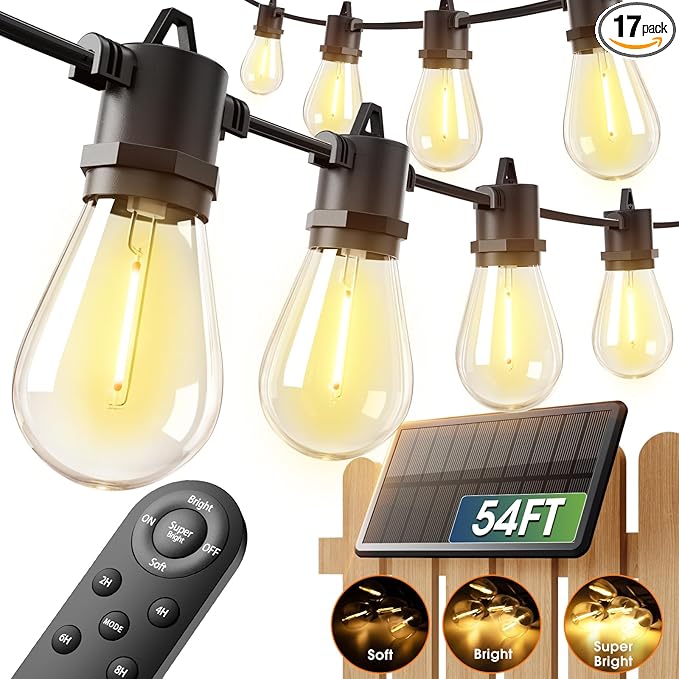 addlon 54FT(48+6) Solar String Lights Outdoor Waterproof with USB Charging &amp Remote Control - Dimmable Solar Power Patio Lights with LED Bulbs for Porch Garden Yard Market Bistro - Last for 20