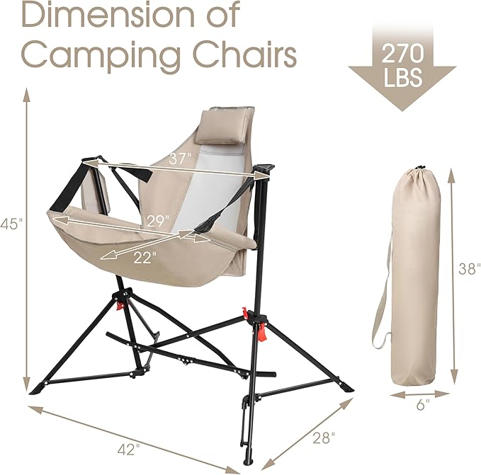 HOMEFUN Hammock Camping Chairs Set of 2- Portable Swinging Chair for Adults with Stand and Storage Bag Oversized Folding Rocking for Lawn Camp Fishing Hiking Khaki