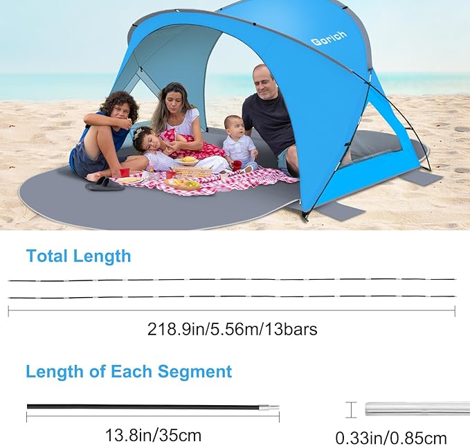 Gorich Beach Tent Sun Shelter with 2 Doors for 4 People &amp A Set of Extra Beach Tent Poles for Replacement (4 People SkyBlue)