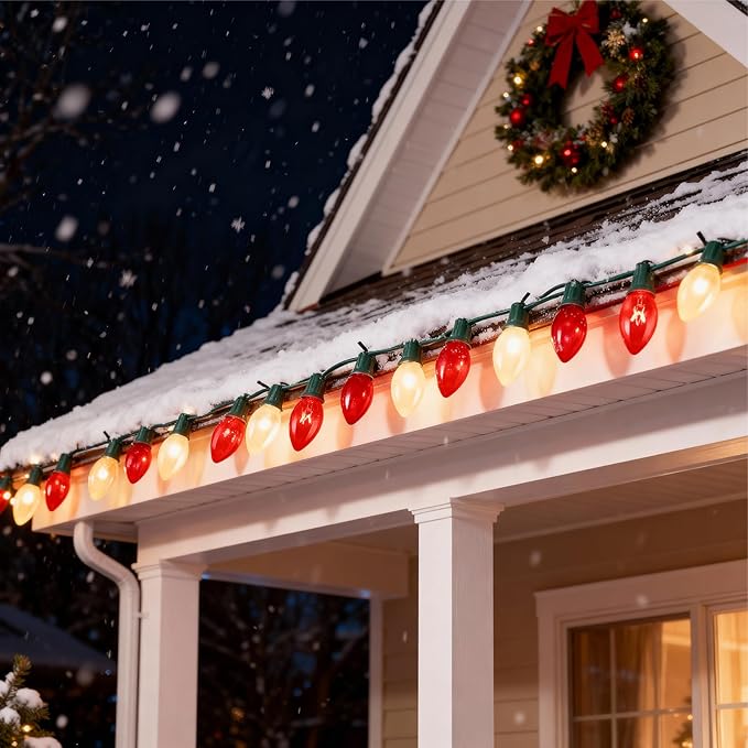 25FT C9 Christmas Outdoor LightsRed and Frosted White Christmas Lights with 26 Bulbs(1 Spare)Commercial Vintage Red White String Light for Tree Yard Garden Porch Party