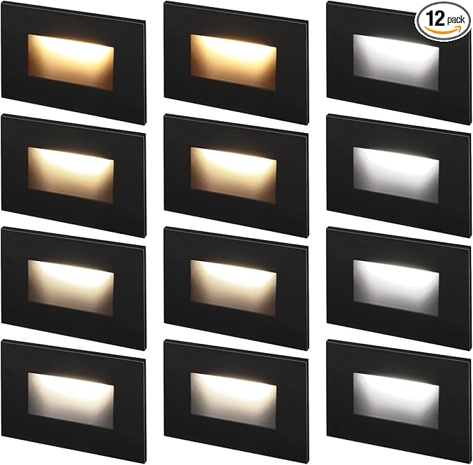 LEONLITE 12-Pack Black 5CCT 120V LED Step Lights 150LM 5%-100% Dimmable Stair Lights Indoor Outdoor Wet Location CRI90+ &amp ETL 2700K/3000K/3500K/4000K/5000K Aluminum Staircase Lights