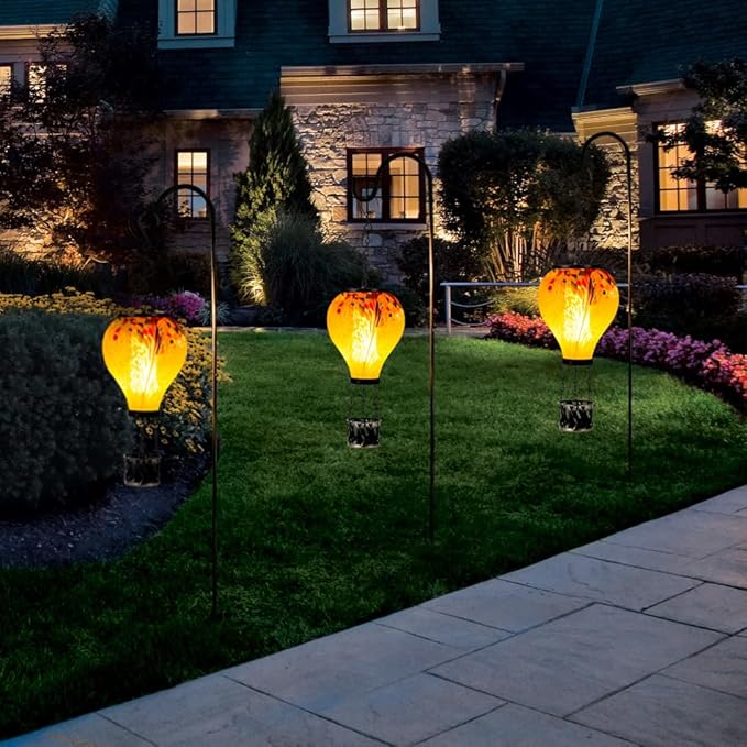 Starsoul Hot Air Balloon Solar Lantern Tie-Dye Style Glass Outdoor Solar Hot Air Balloon Lantern with Flame Light Waterproof Hanging for Garden Yard Patio Decor