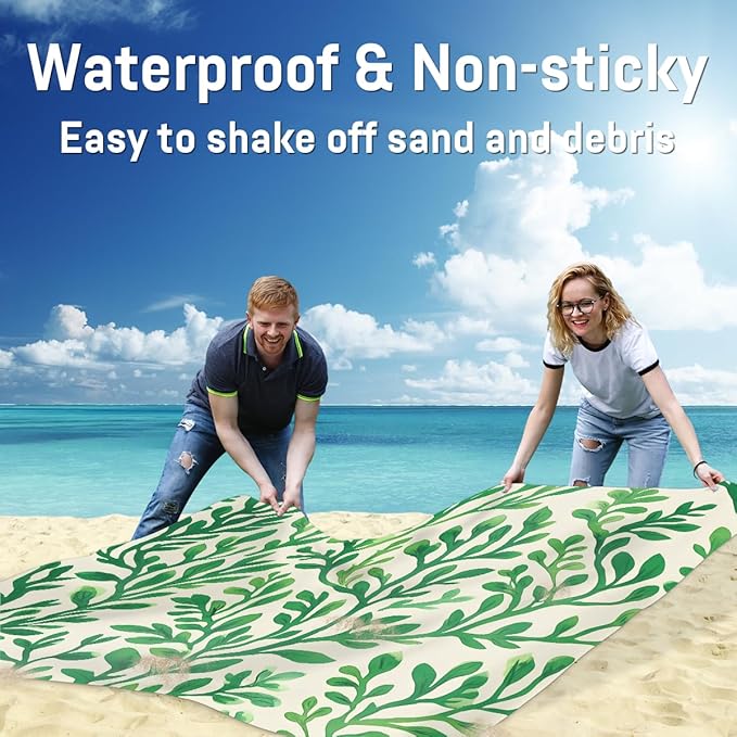 Waterproof Sandproof Beach Blanket 59''×68'' Bouquet Leaves Polyester Outdoor Picnic Blanket with 4 Stakes &amp Storage Bag for BeachCampingVacation Green