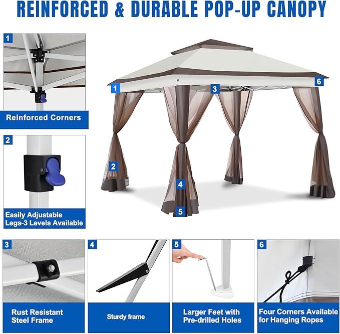 Yesker 10x10 Pop Up Canopy Tent w Mesh Netting Sidewall Vented Top - Heavy Duty Outdoor Canopy Easy Setup Shelter Gazebo Waterproof 10x10 Popup Tnets for Patio Backyard Parties &amp Events Khaki Br
