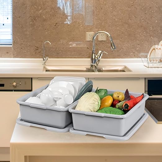 Kiddream 13L Bus Totes with Lid Plastic Dish Tub Restaurant Bus Tray Grey 12 Pack