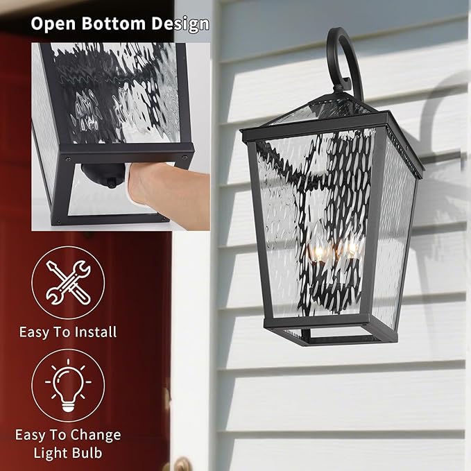 Treekee Outdoor Wall Light Fixture Modern Waterproof Exterior Wall Lantern with E12 Sockets &amp Water Ripple Glass Matte Black Rustic Wall Sconce Porch Lamp for Patio Garage Yard Front Door Ga