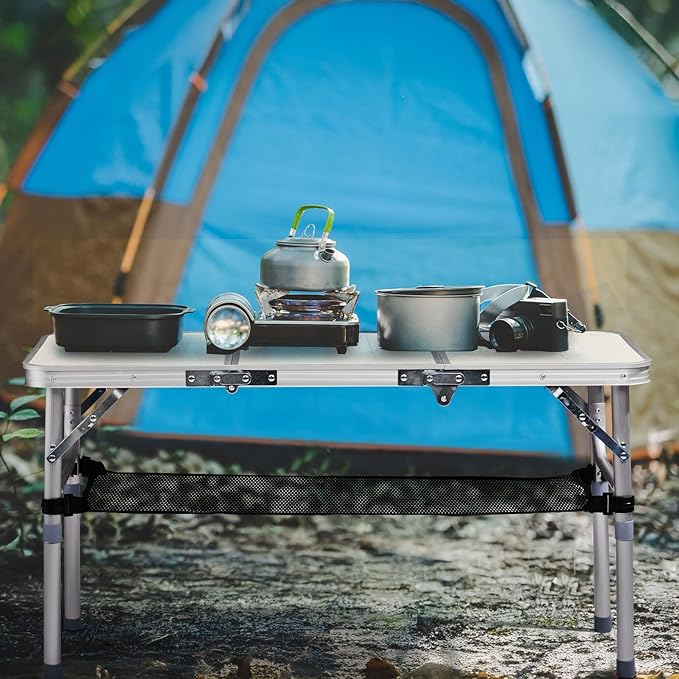 Outvita Folding Table 3FT Aluminum Camping Table with Storage Adjustable Height Picnic Table Lightweight for Carring Outdoor Party Events Beach