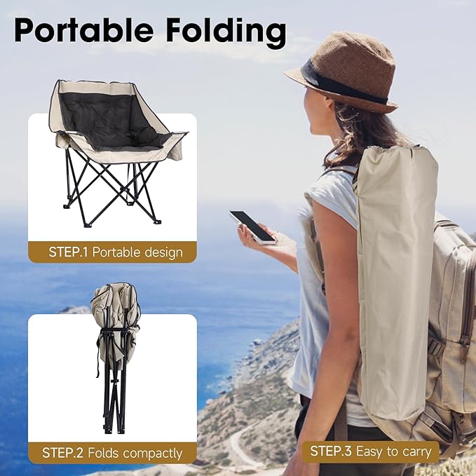 CDEN Camping Chair Thick Padded Lawn Chair Oversized Camping Chair Deluxe with Cup Holder Side Pocket Cooler Bag for Camping Hiking Picnic Travel Festival (1 Pack)