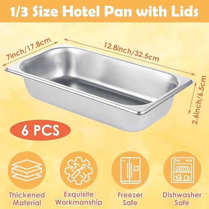 6 Pack 1/3 Hotel Pans 2.5 Inch Deep Stainless Steel Food Pan 1/3 Size 2.5 Deep Steam Table Pan Stainless Steel Commercial Food Pans for Hotel Restaurant Buffet Home