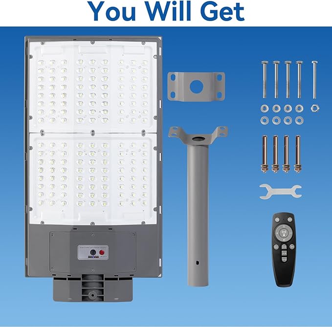 10500W Solar Street Lights Outdoor 2PCS 650000LM 7000K Solar Parking Lot Lights Dusk to Dawn 40000mAh IP67 Waterproof Pole Security Flood Lamps with Motion Sensor and Remote for Yard Driveway